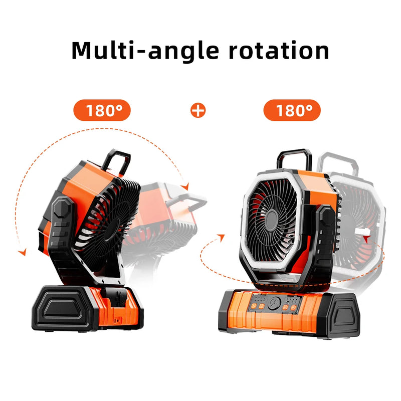 Ventilador recarregável portátil com luz LED e gancho, mesa com bateria, ventilador de acampamento, ventilador ao ar livre para barraca, viagem de carro, 20000mAh